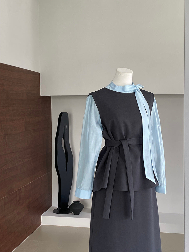 韓版高品質顯瘦西裝無袖馬甲+半身裙+配腰帶-三件式套裝