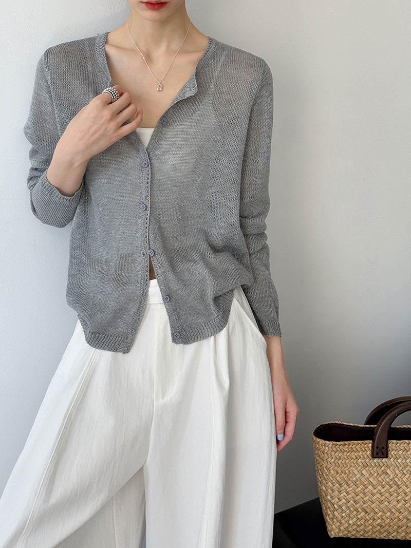 韓系溫柔慵懶風薄款針織防曬罩衫-4色