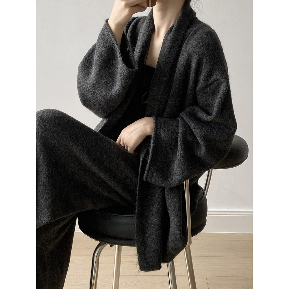 (48H出貨)高級慵懶風繫帶針織開衫+高腰闊腿褲-兩件式套裝-3色