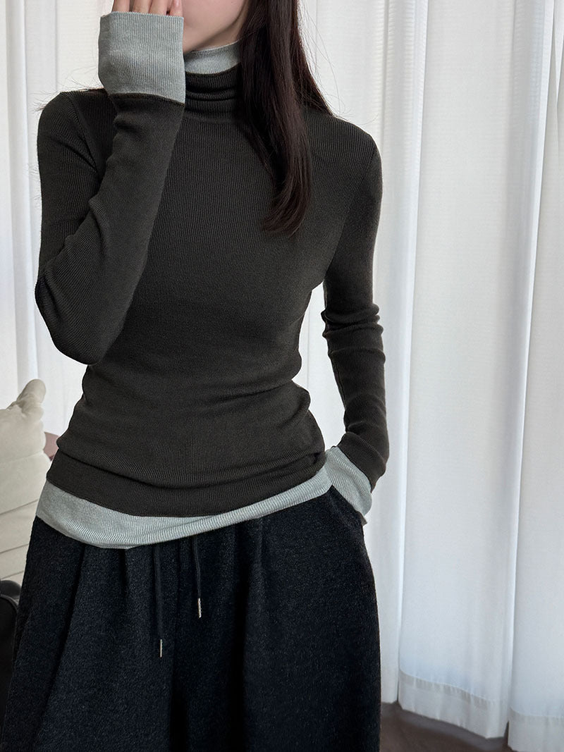 修身顯瘦軟糯撞色高領打底針織衫-3色