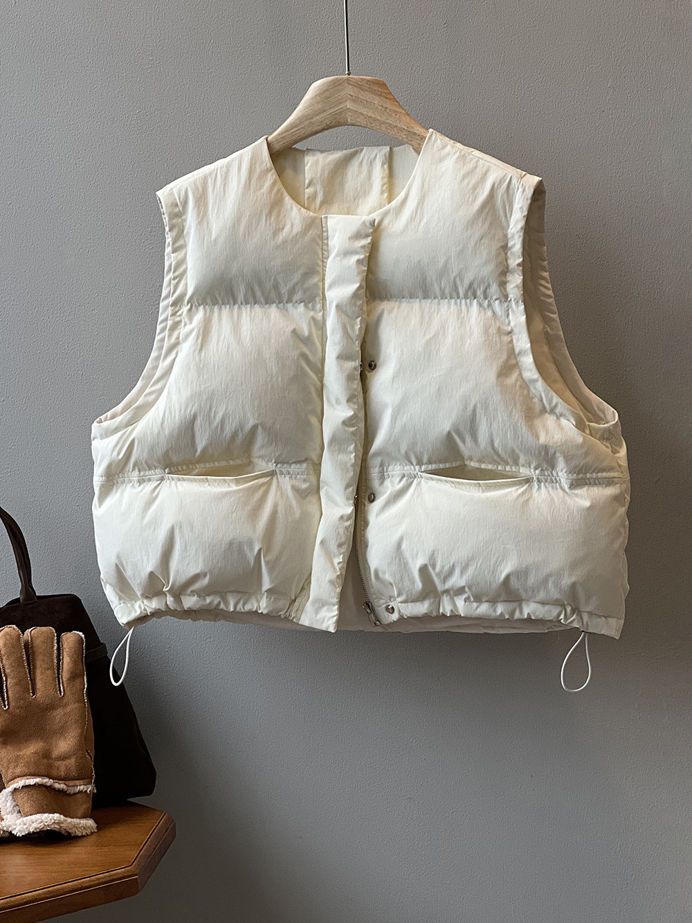 日系圓領短款寬鬆羽絨馬甲背心-2色