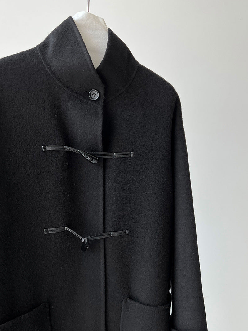 復古立領牛角扣羊毛雙面毛呢大衣外套
