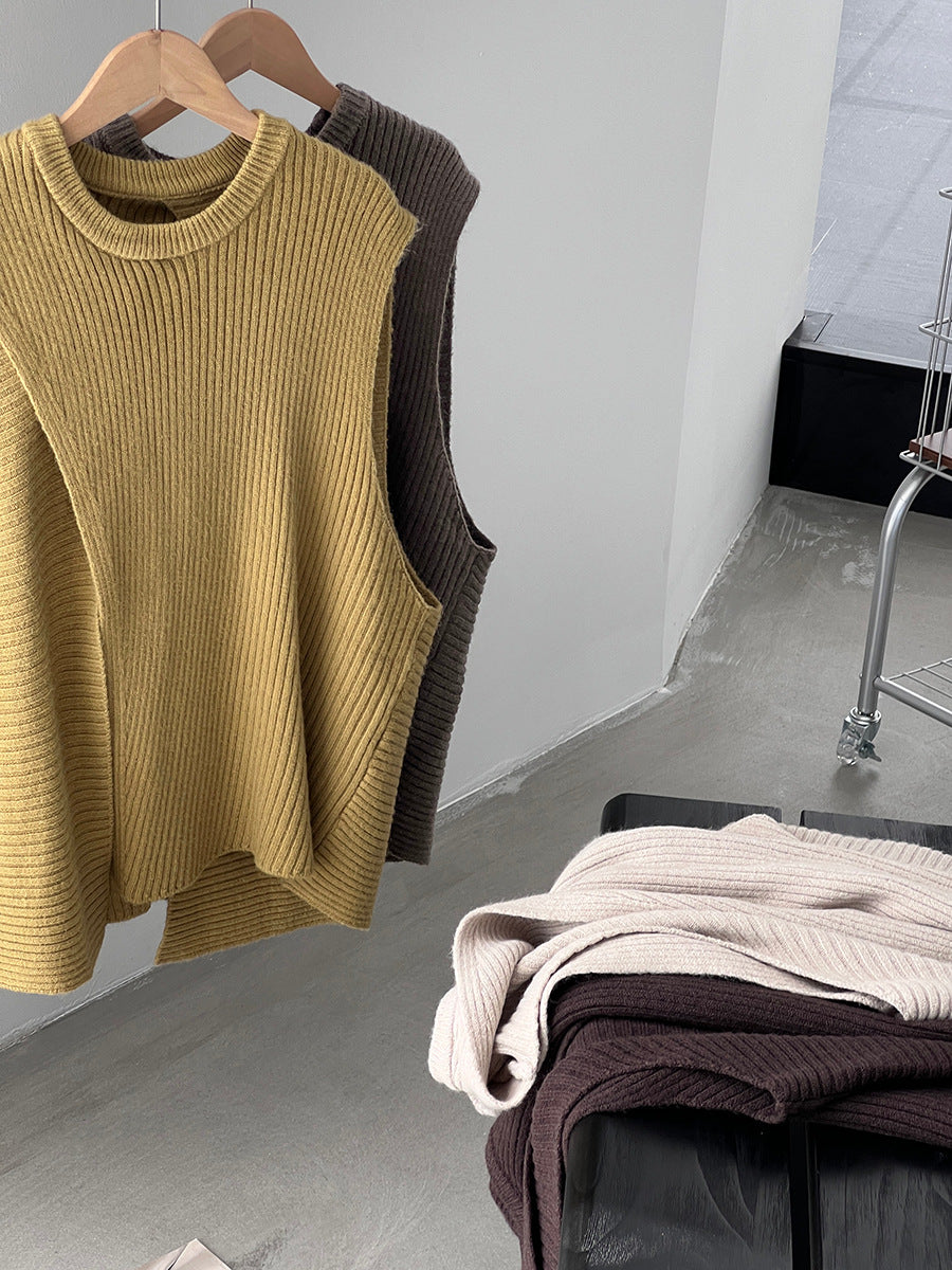 韓版不規則疊穿百搭款針織馬甲上衣-3色