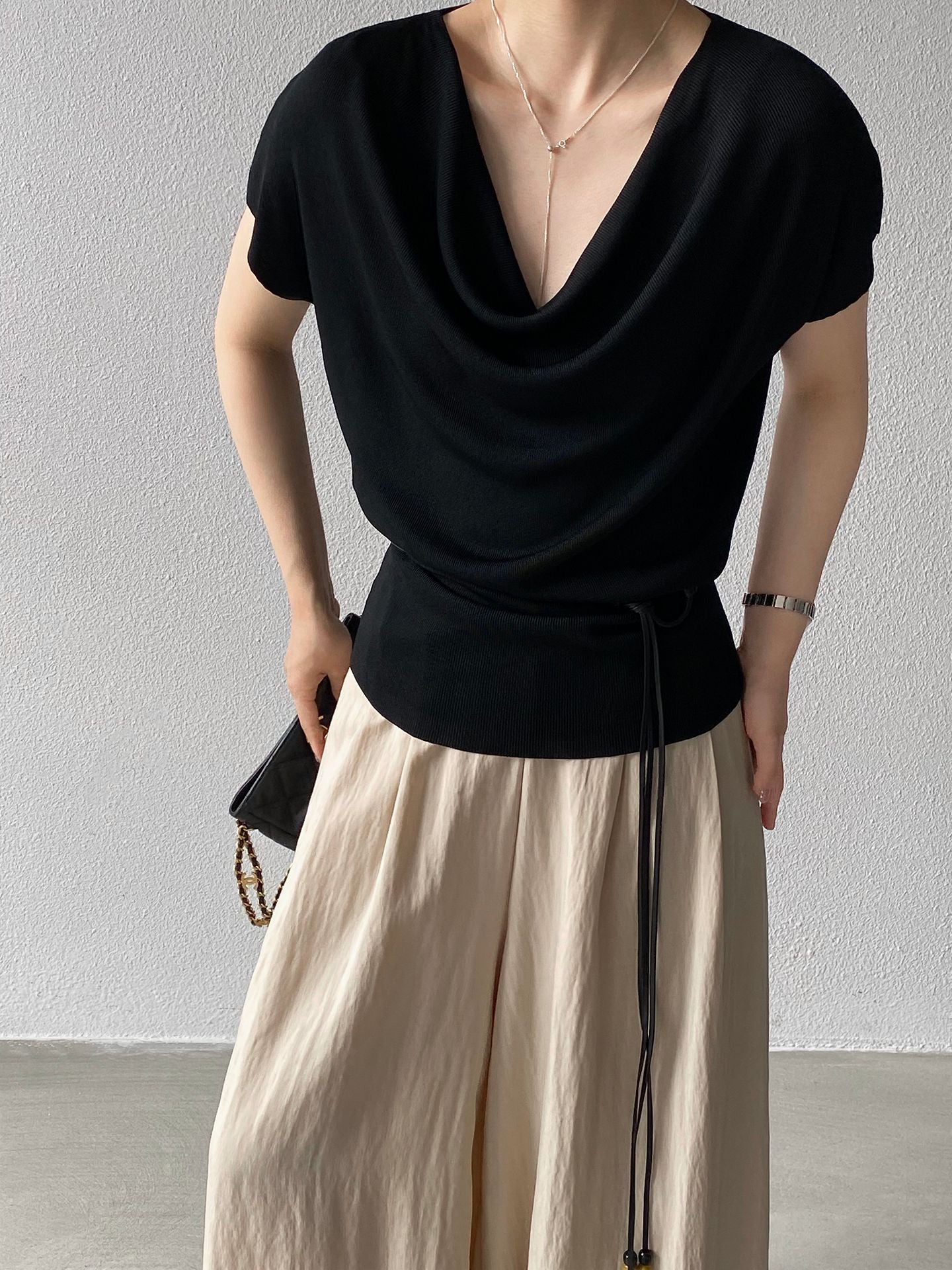 老錢鬆弛感冰感絲滑蕩領針織短袖T恤-5色
