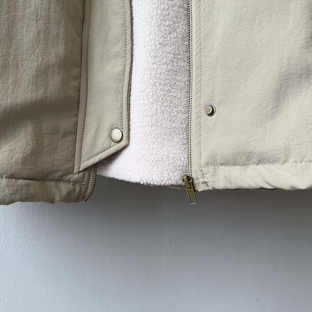 韓系設計感立領羊羔毛工裝保暖派克外套-2色