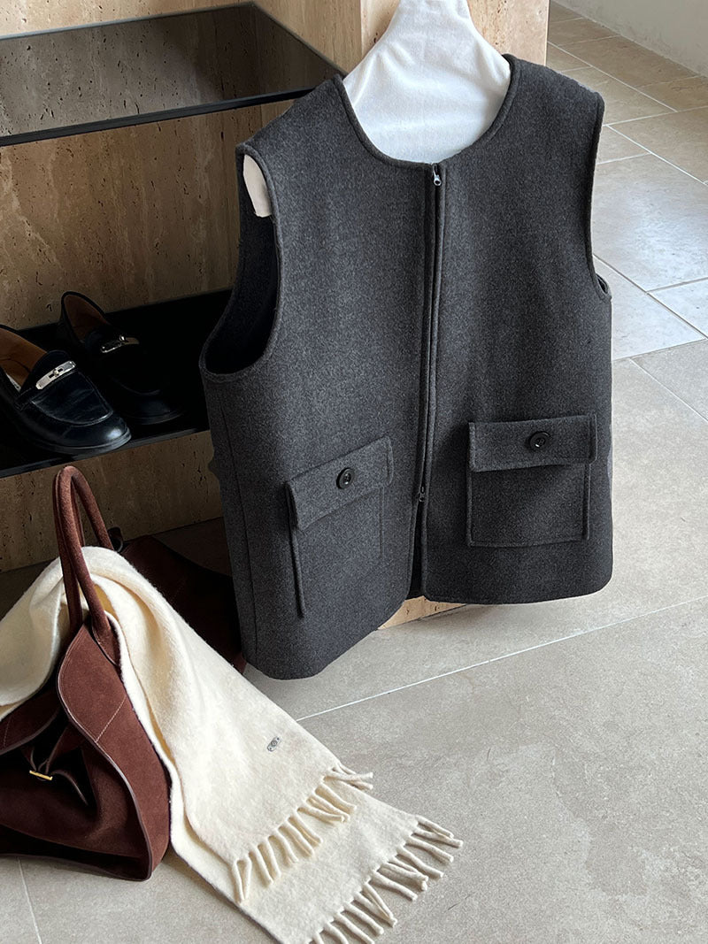 高級感寬鬆毛呢疊穿氣質圓領馬甲