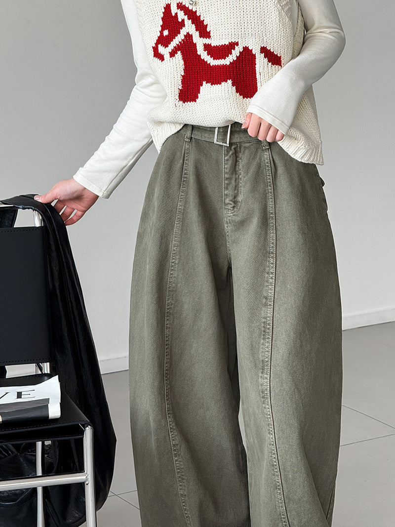 韓系復古高腰寬鬆顯瘦闊腿牛仔褲+腰帶-3色