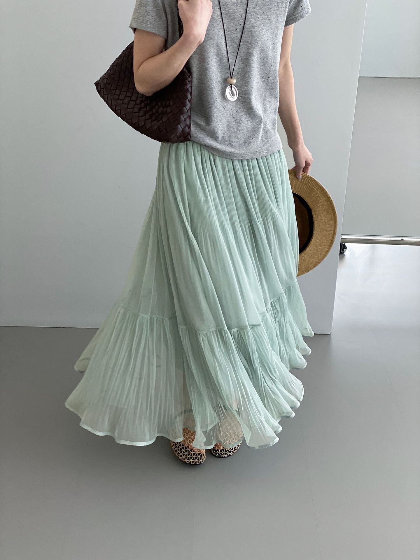 韓系溫柔飄逸網紗拼接百搭浪漫半身裙-3色