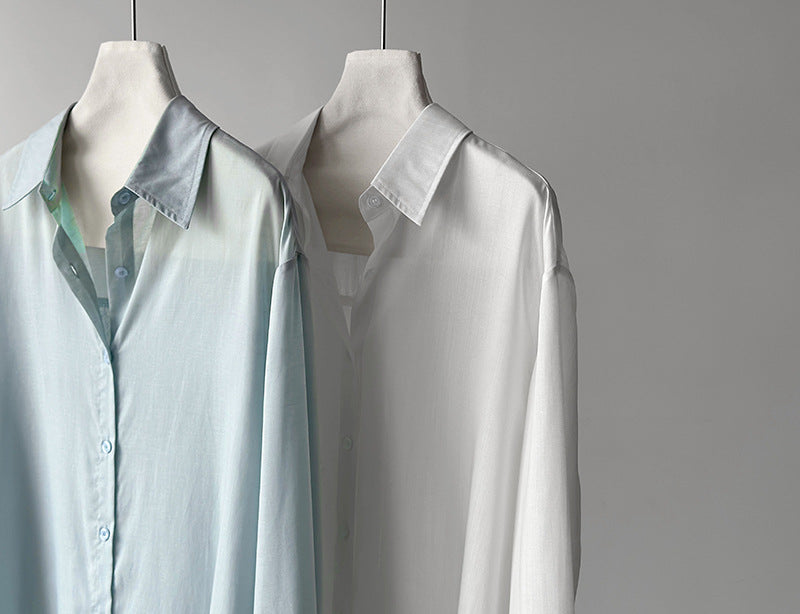 韓系天絲純欲感背後蕾絲純色襯衫外套-2色