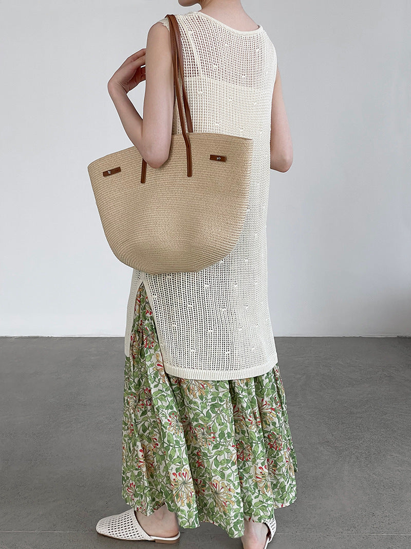 韓系側開叉圓領疊穿鏤空中長背心連身裙-4色