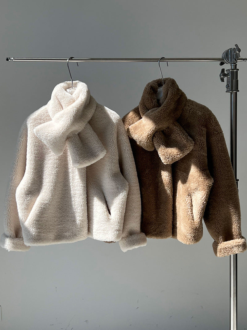 保暖毛絨皮草羊羔毛外套+圍巾-2色