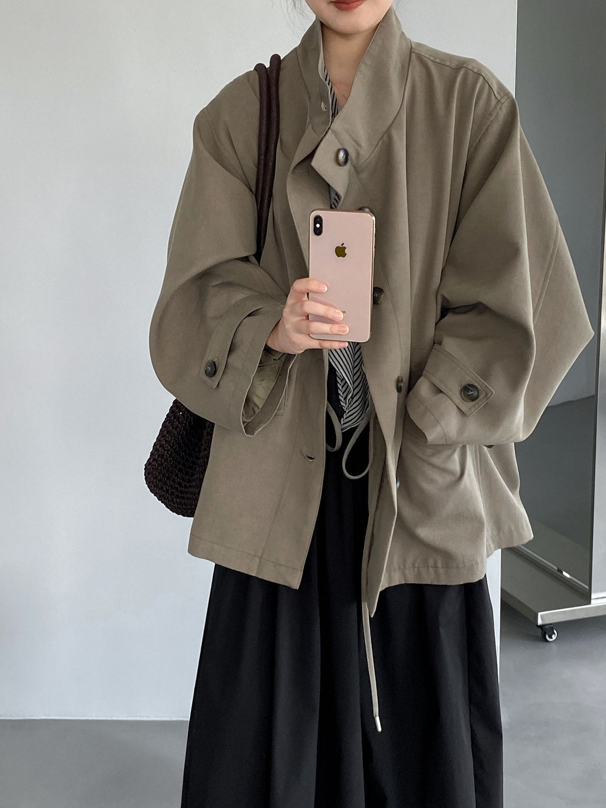 復古英倫風立領收腰中長版風衣外套