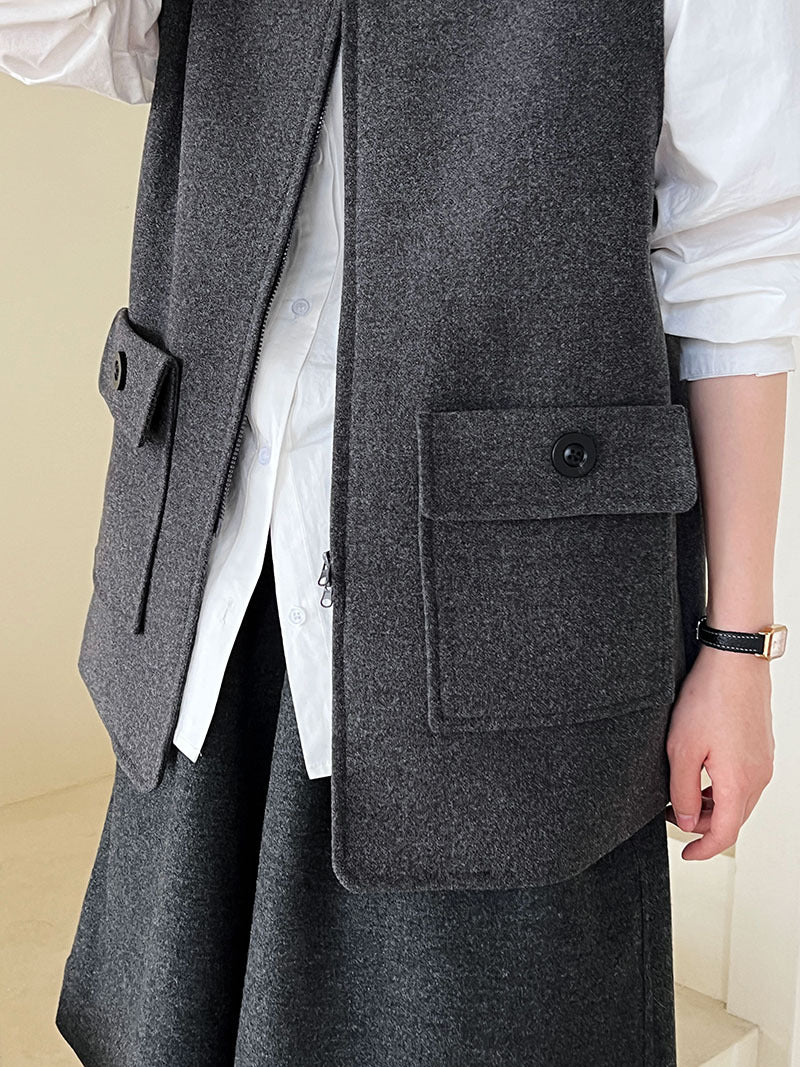 高級感寬鬆毛呢疊穿氣質圓領馬甲