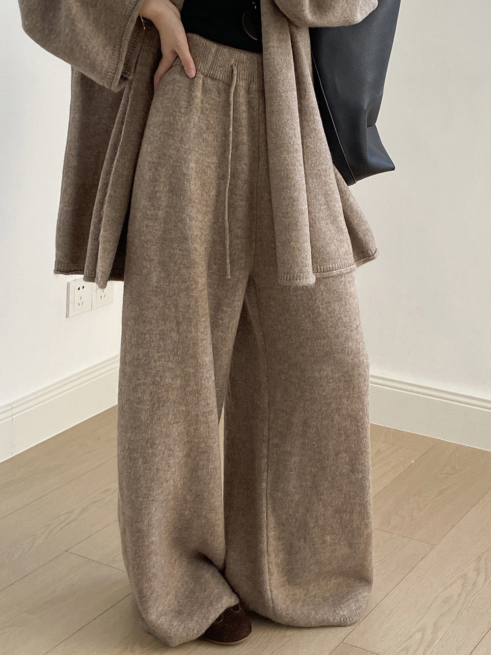 (48H出貨)高級慵懶風繫帶針織開衫+高腰闊腿褲-兩件式套裝-3色