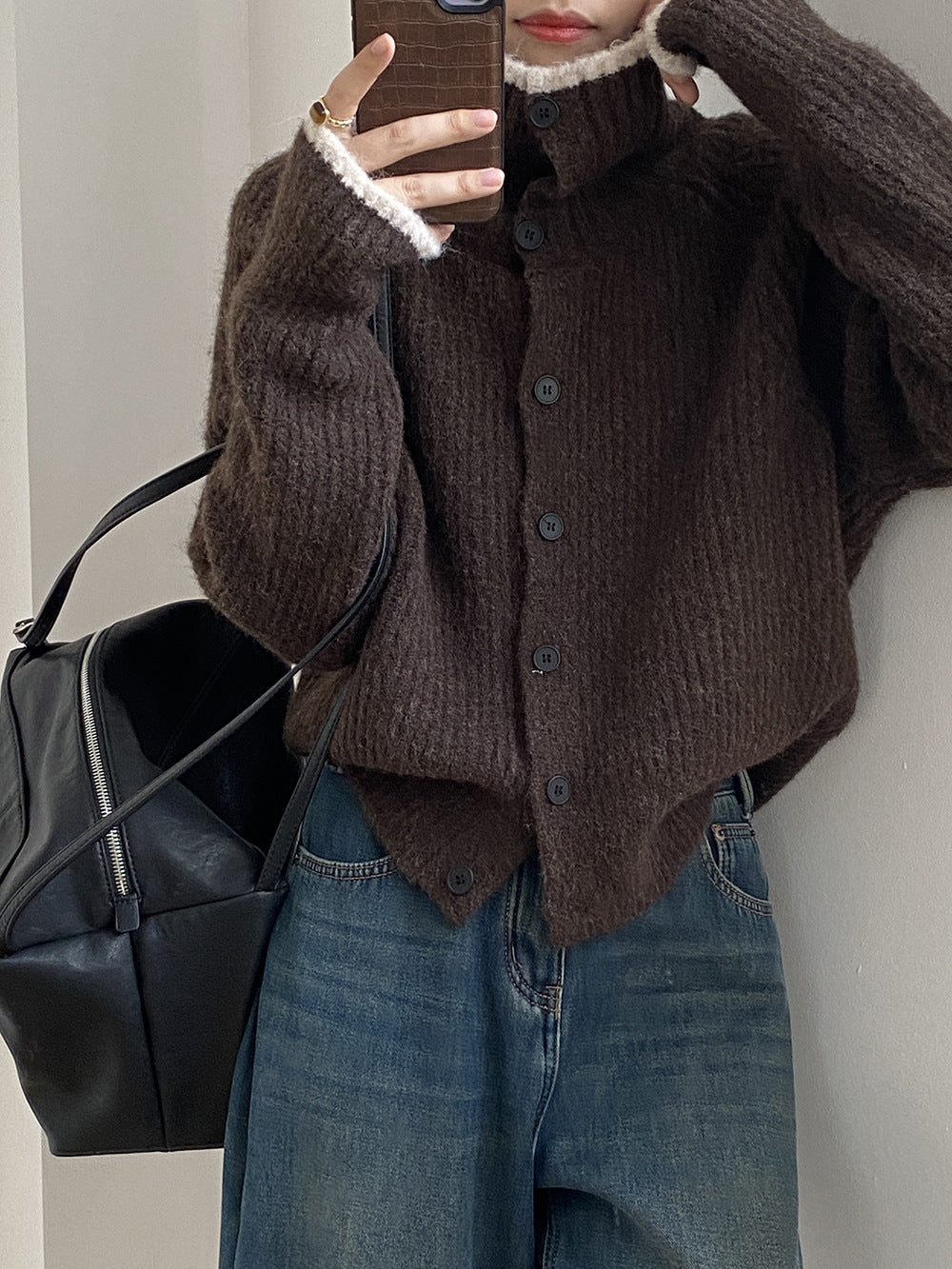 (48H出貨)韓系慵懶撞色翻領單排扣毛衣開衫外套-4色