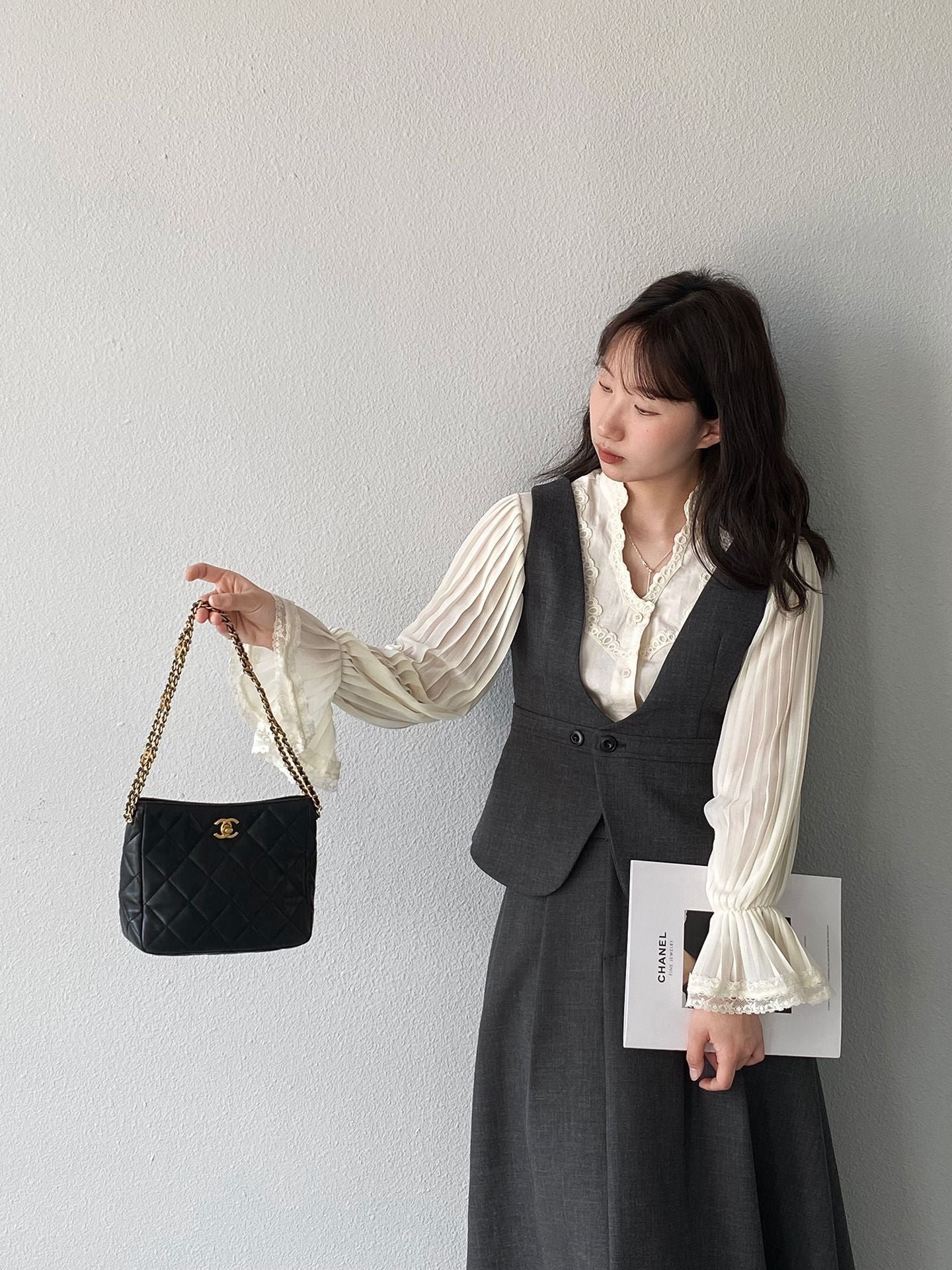 韓系通勤西裝氣質兩穿顯瘦馬甲+休閒半身裙-兩件式套裝