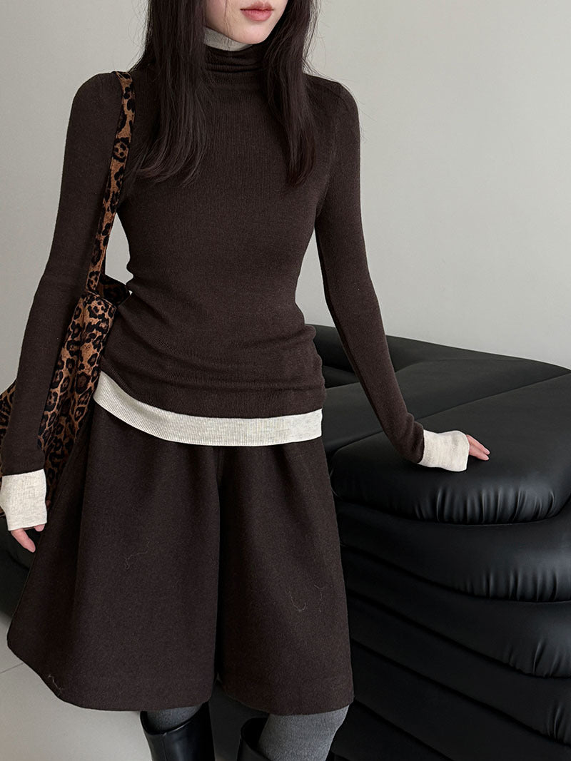 修身顯瘦軟糯撞色高領打底針織衫-3色