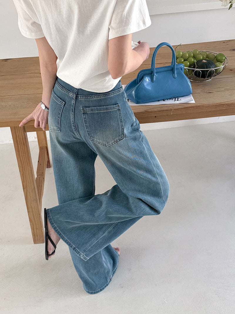 韓系高腰顯瘦寬鬆微喇褲牛仔闊腿褲