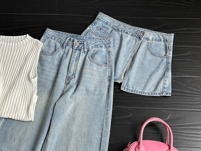韓系小衆水洗可拆牛仔屁簾高腰顯瘦直筒牛仔褲
