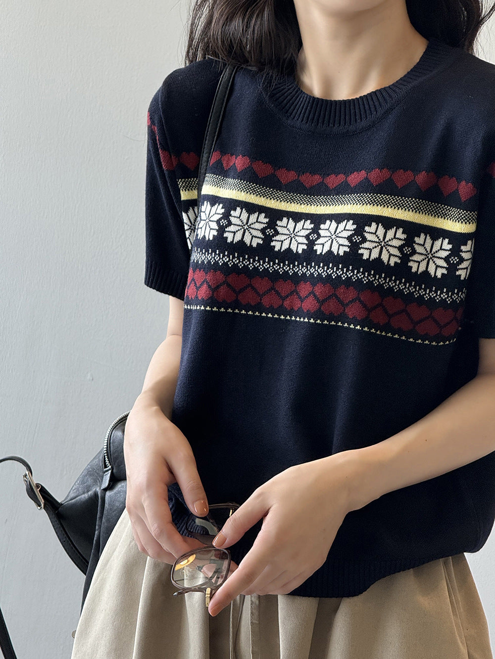 復古撞色緹花套頭針織短袖T恤-2色