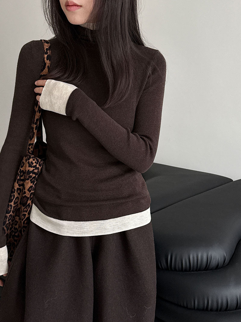 修身顯瘦軟糯撞色高領打底針織衫-3色