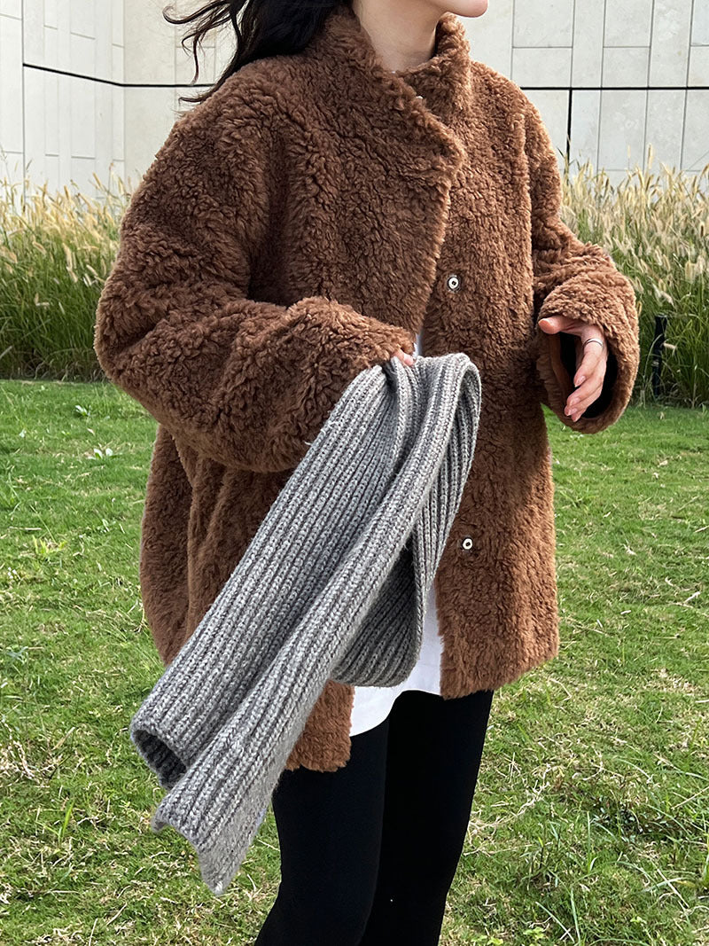 美拉德立領羊羔毛皮毛一體外套大衣-2色