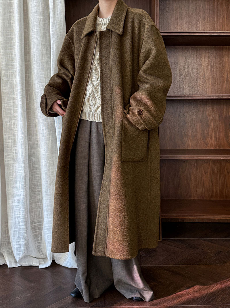 韓系高質感羊毛翻領拉鍊雙面呢大衣外套-2色