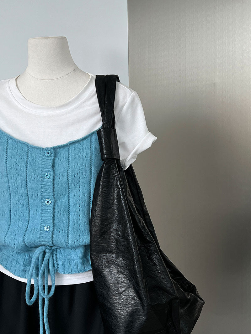 韓系百搭疊穿鏤空繫帶針織馬甲背心-3色