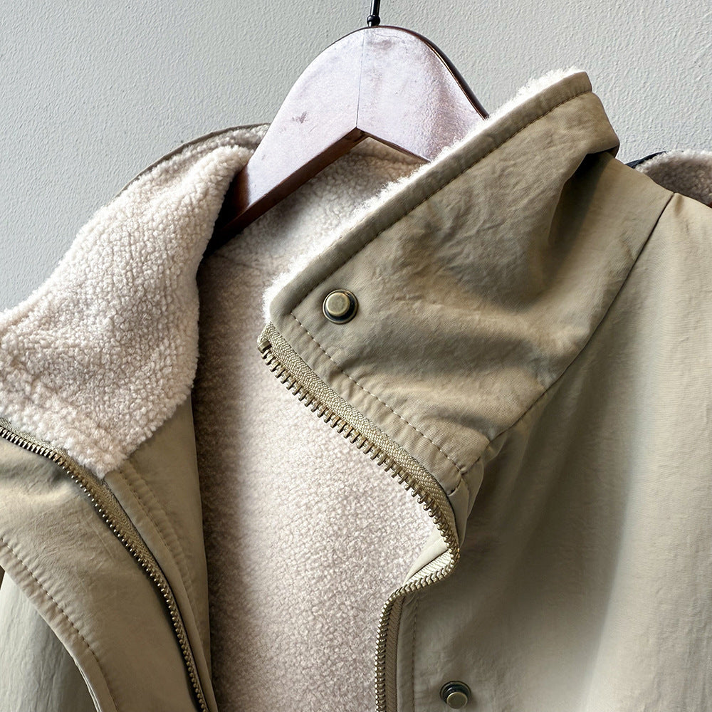 韓系設計感立領羊羔毛工裝保暖派克外套-2色