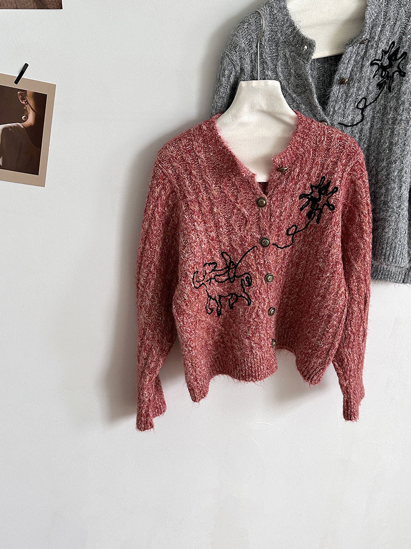 小眾刺繡軟糯長袖針織開衫-3色