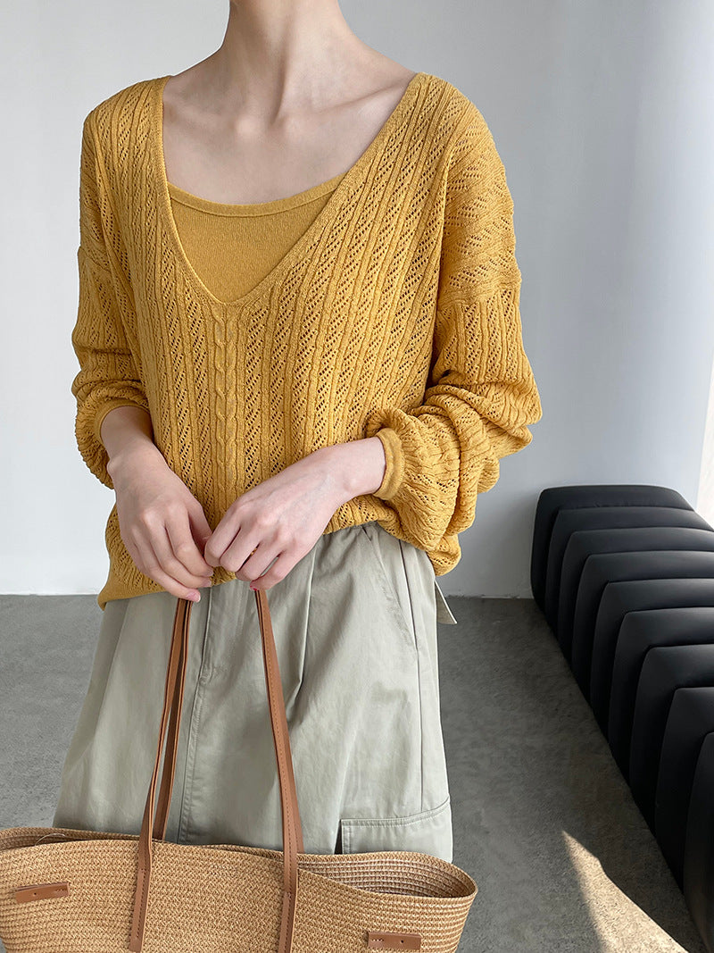 韓系鏤空V領防曬針織罩衫+吊帶上衣-兩件式套裝-4色