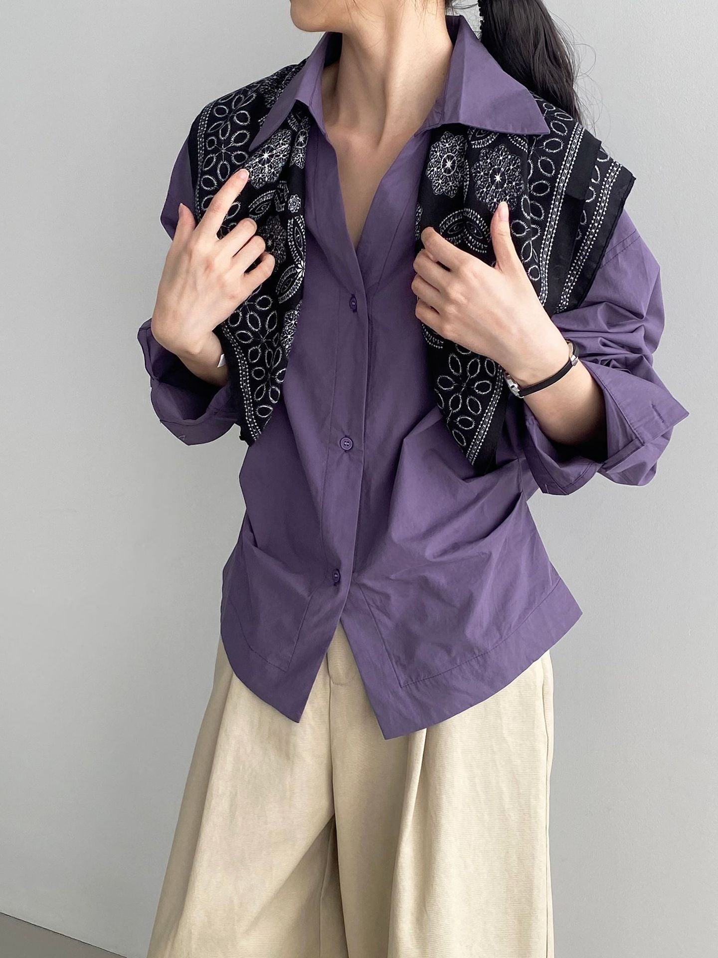 韓系通勤氣質顯瘦抽褶收腰襯衫+含披肩-3色