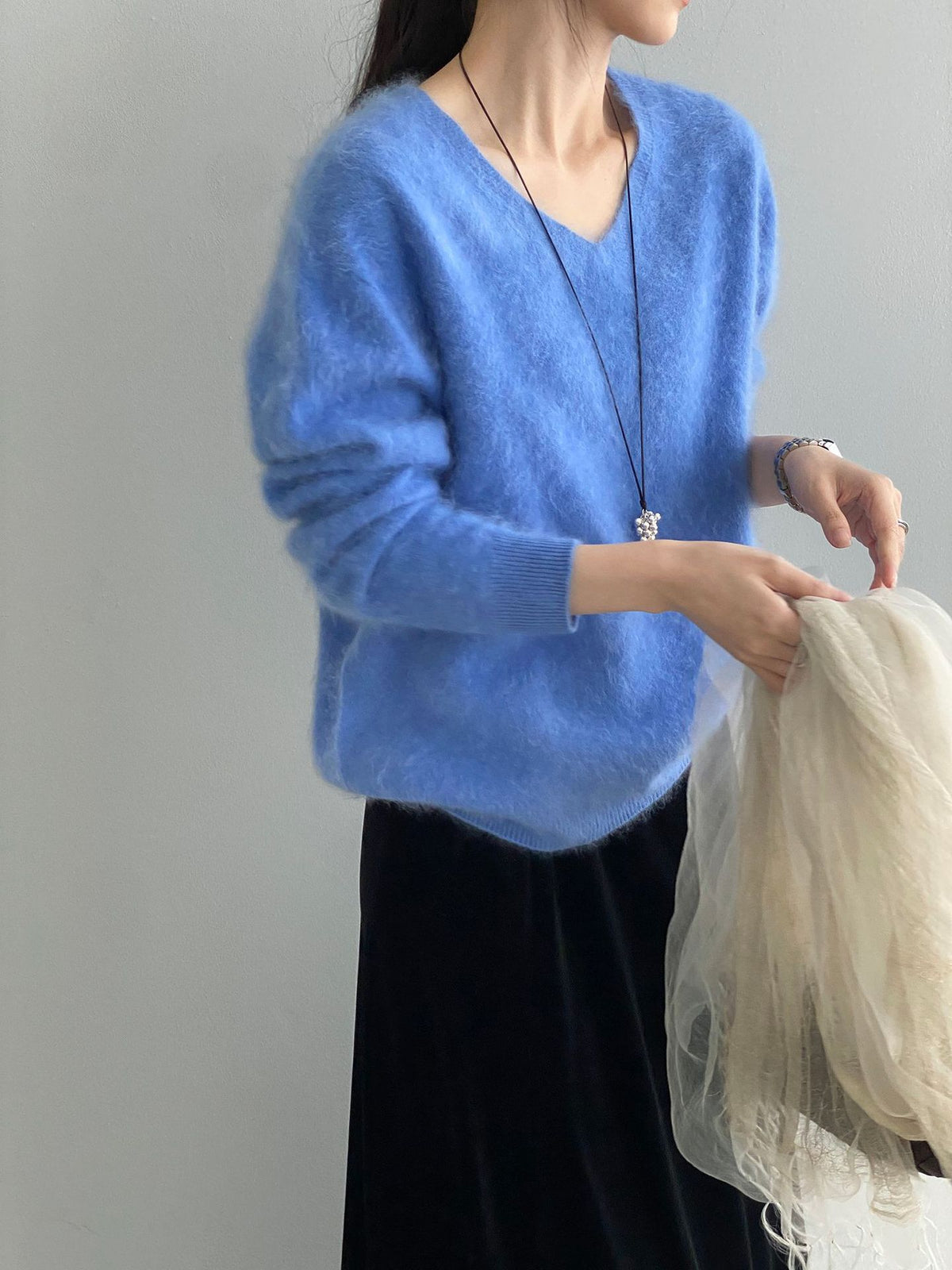 桑蠶絲羊毛V領寬鬆針織毛衣-7色