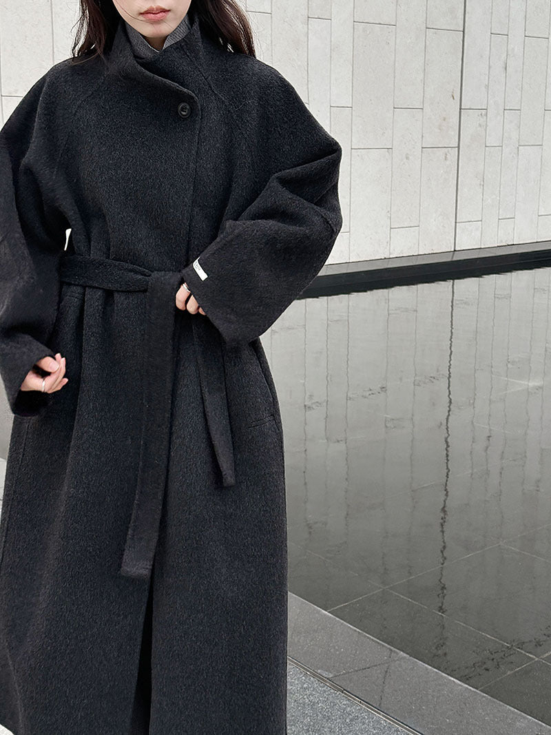 韓版慵懶斜扣領長款雙面呢羊毛大衣外套-3色