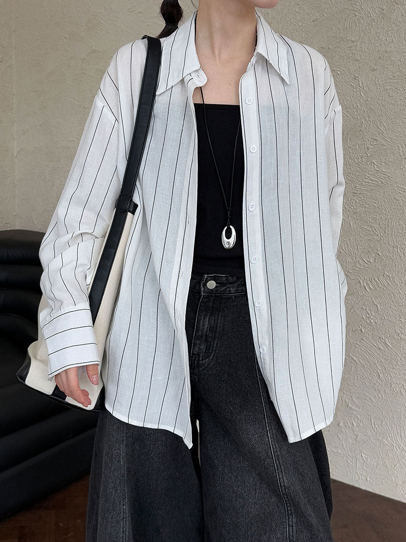 質感老錢風休閒條紋亞麻長袖襯衫外套-2色