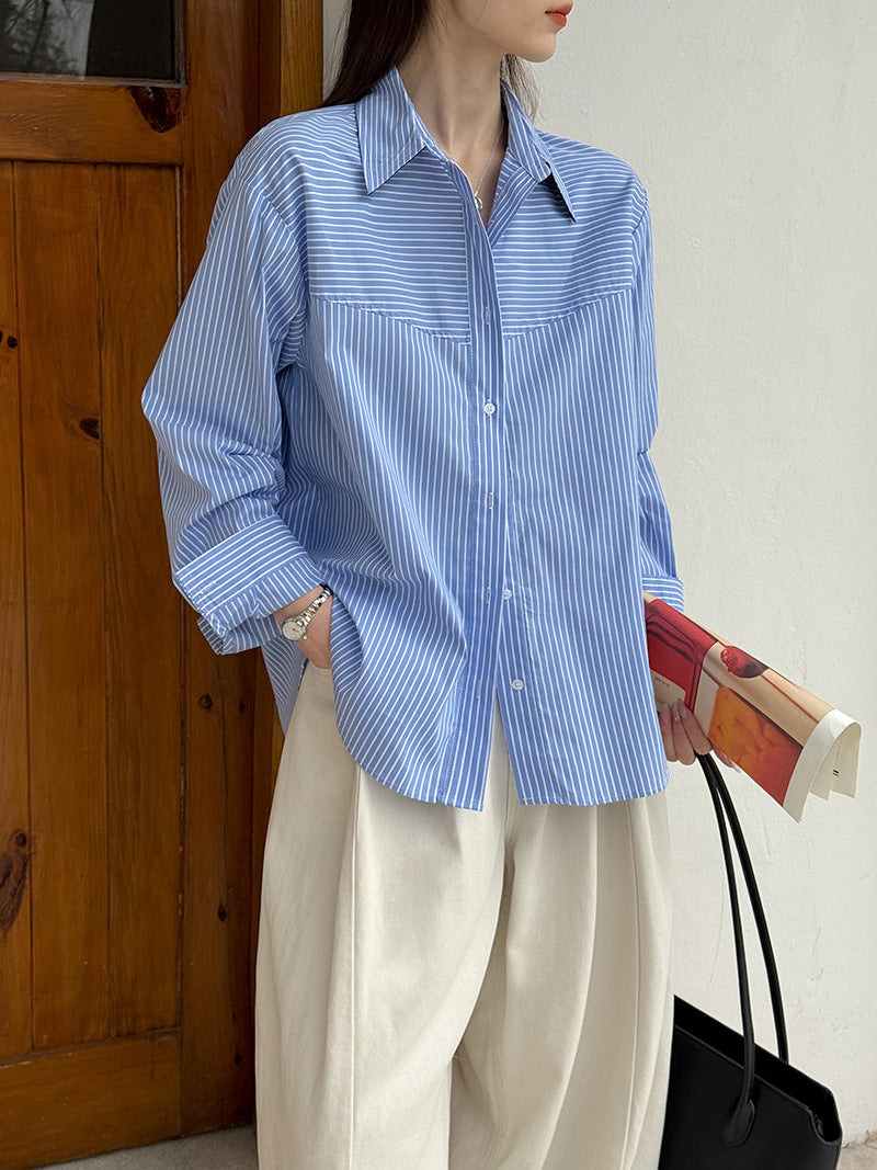 韓版百搭通勤氣質條紋疊穿長袖襯衫-2色