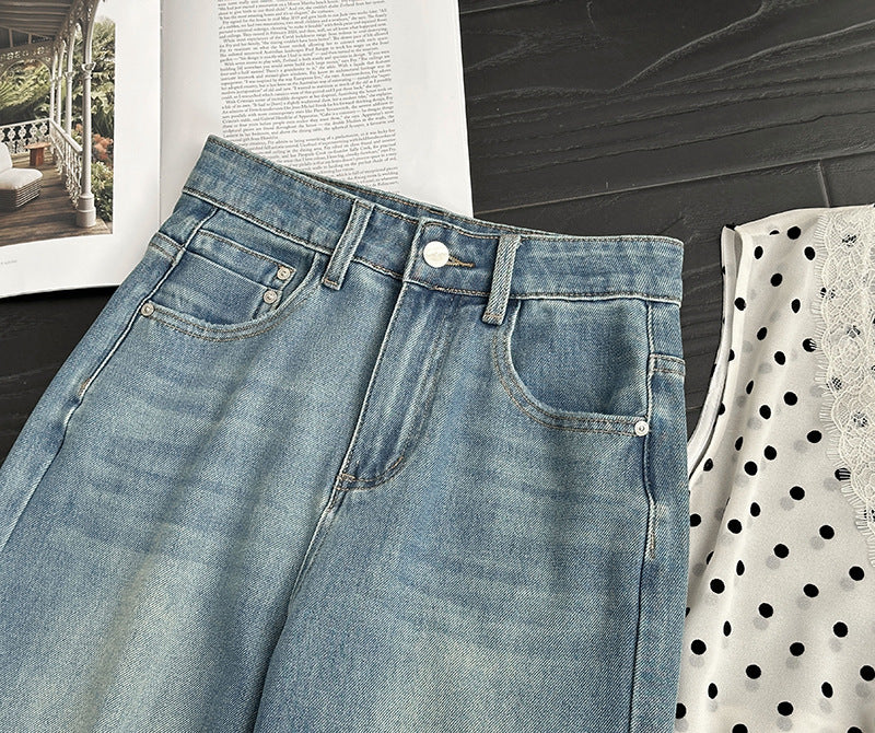 韓系高腰顯瘦寬鬆微喇褲牛仔闊腿褲