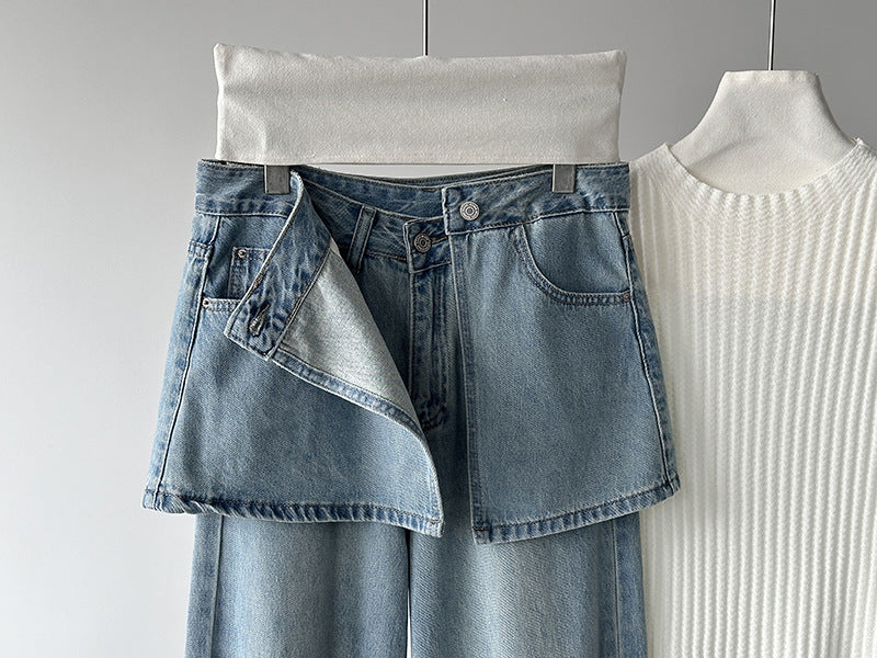 韓系小衆水洗可拆牛仔屁簾高腰顯瘦直筒牛仔褲