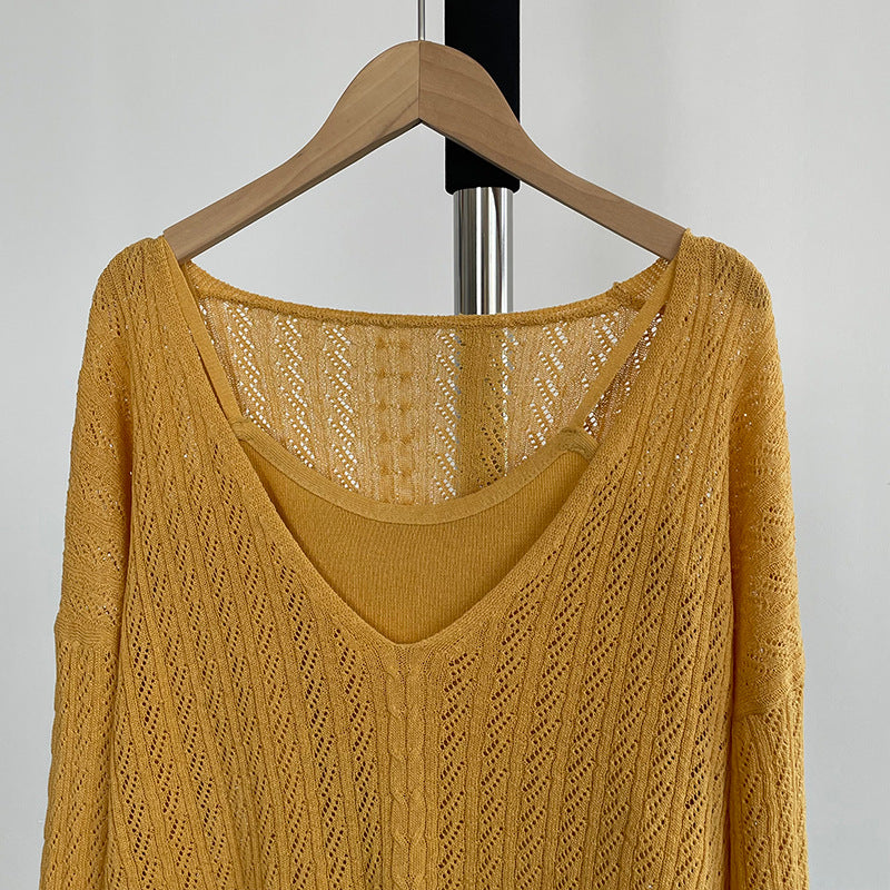 韓系鏤空V領防曬針織罩衫+吊帶上衣-兩件式套裝-4色