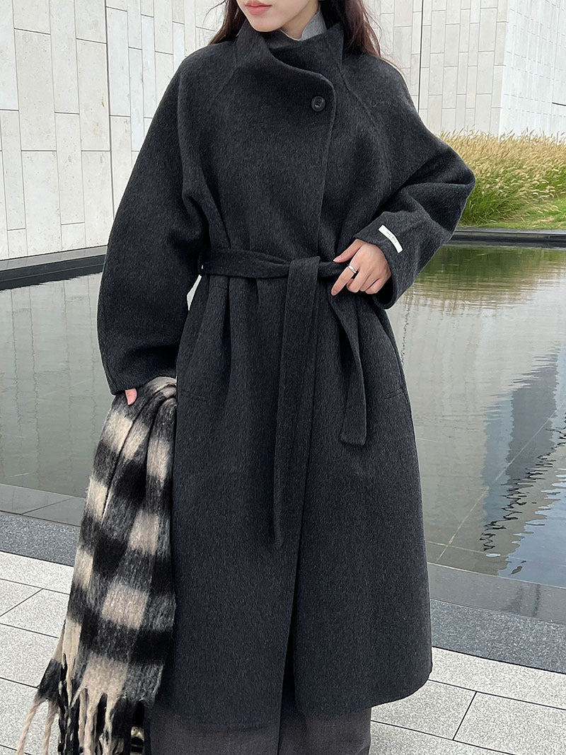 韓版慵懶斜扣領長款雙面呢羊毛大衣外套-3色