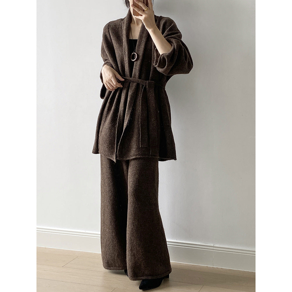 (48H出貨)高級慵懶風繫帶針織開衫+高腰闊腿褲-兩件式套裝-3色