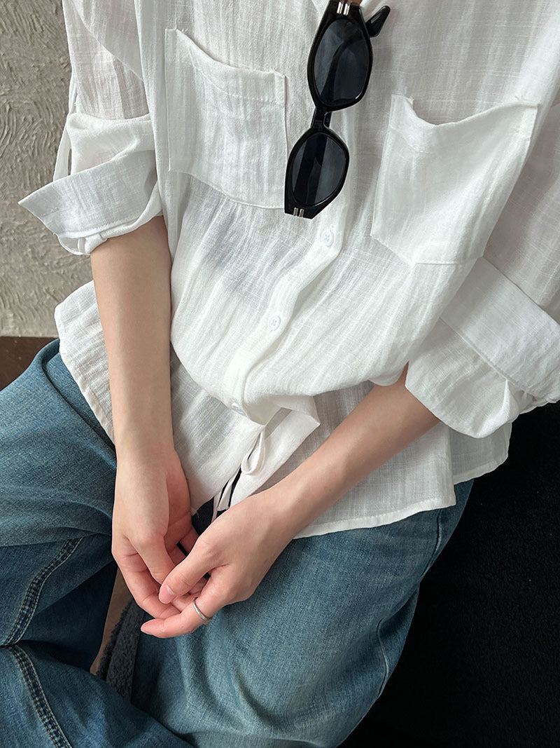 韓系肌理感慵懶腰部抽繩長袖襯衫-2色