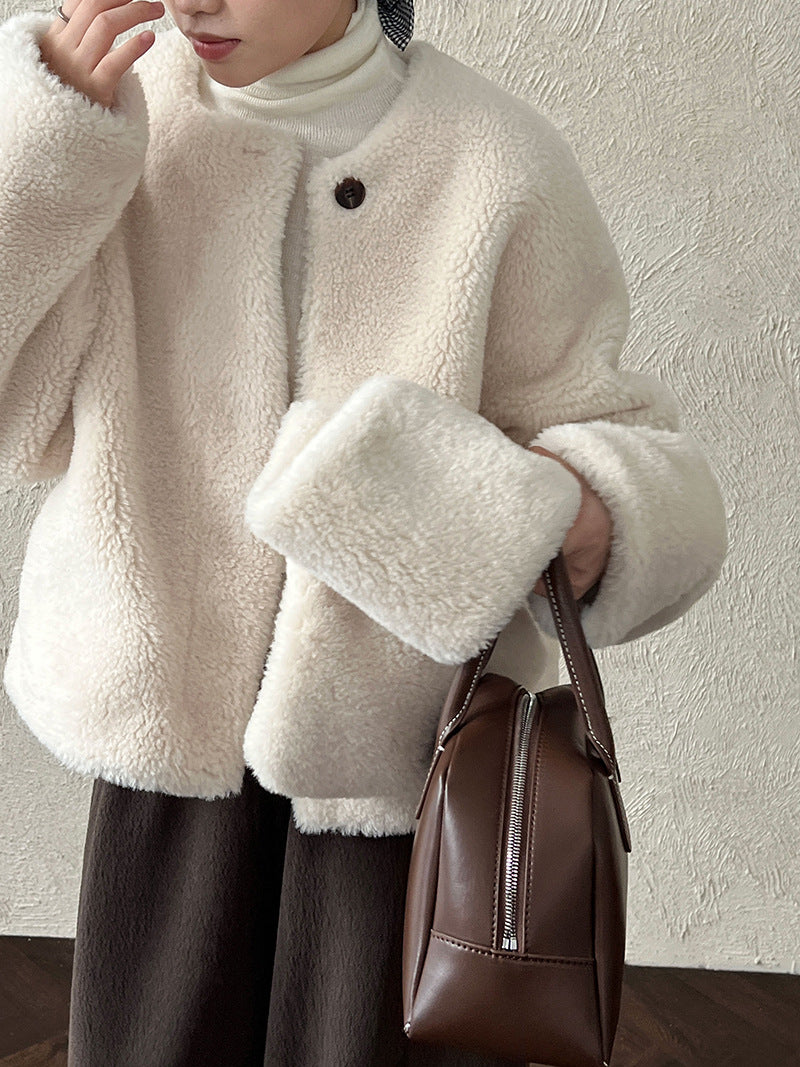 保暖毛絨皮草羊羔毛外套+圍巾-2色