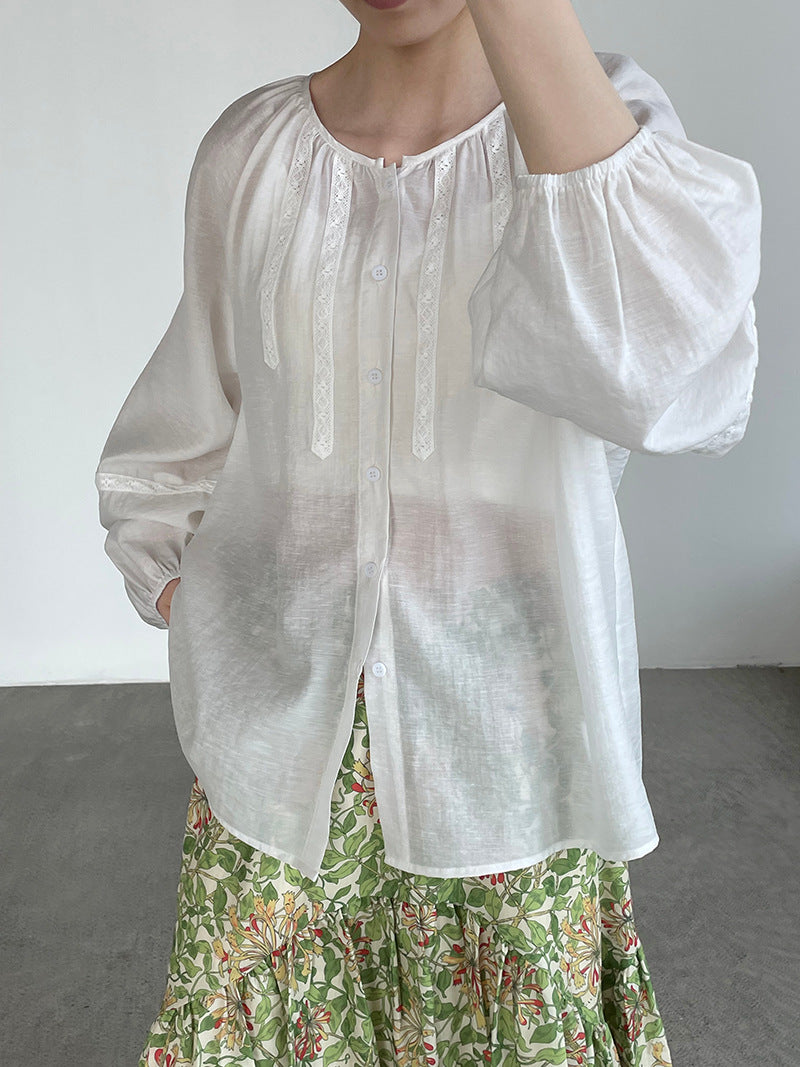 法式刺繡拼接燈籠袖圓領娃娃衫襯衫-2色