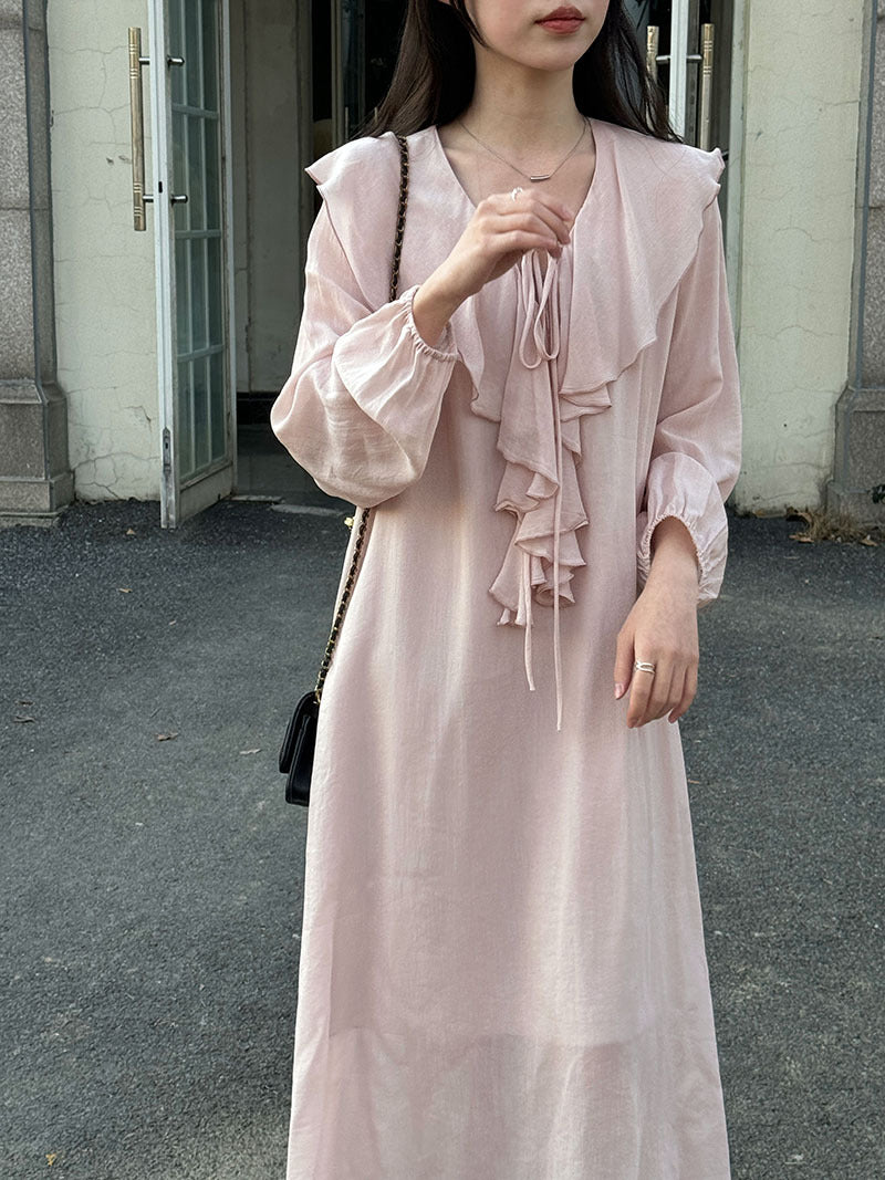 法式簡約慵懶泡泡袖荷葉邊V領連身裙-3色