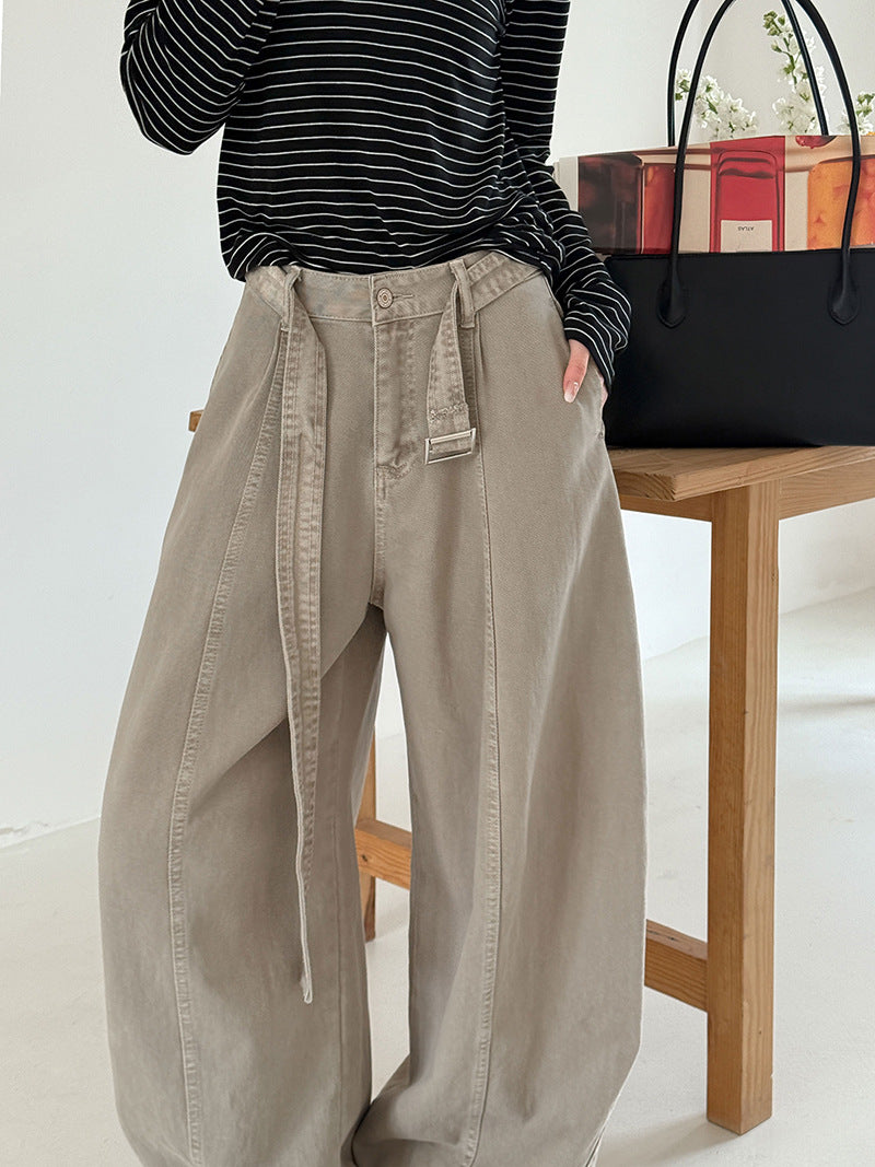 韓系復古高腰寬鬆顯瘦闊腿牛仔褲+腰帶-3色