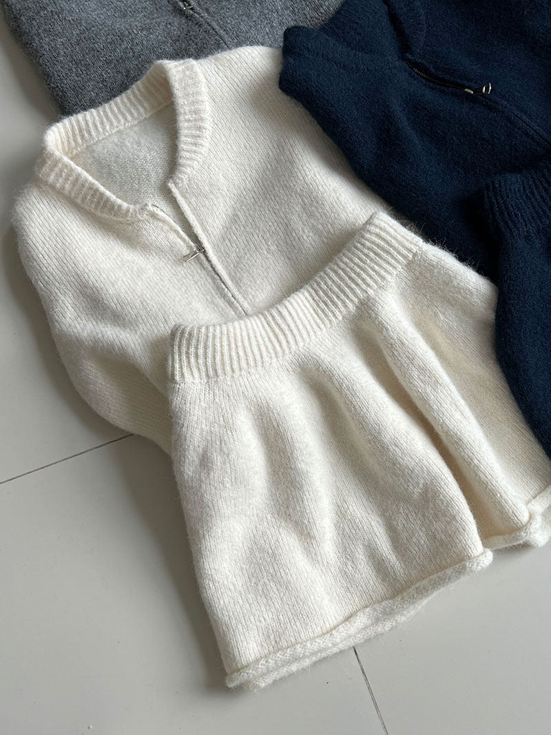 韓系軟糯休閒針織毛衣+卷邊A字短裙-兩件式套裝-3色