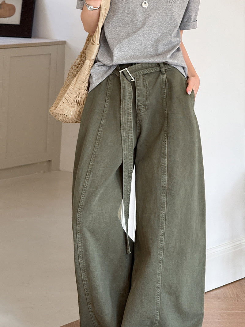 韓系復古高腰寬鬆顯瘦闊腿牛仔褲+腰帶-3色