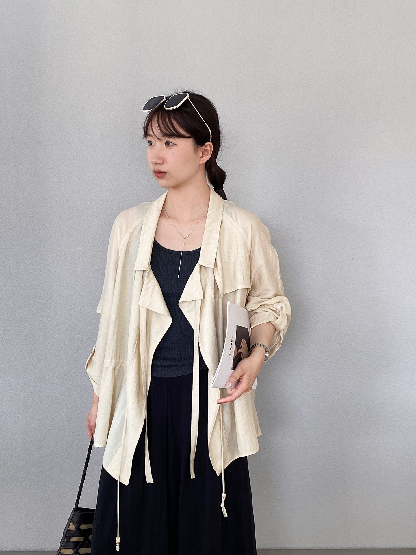 法式杏色亞麻收腰防曬襯衫
