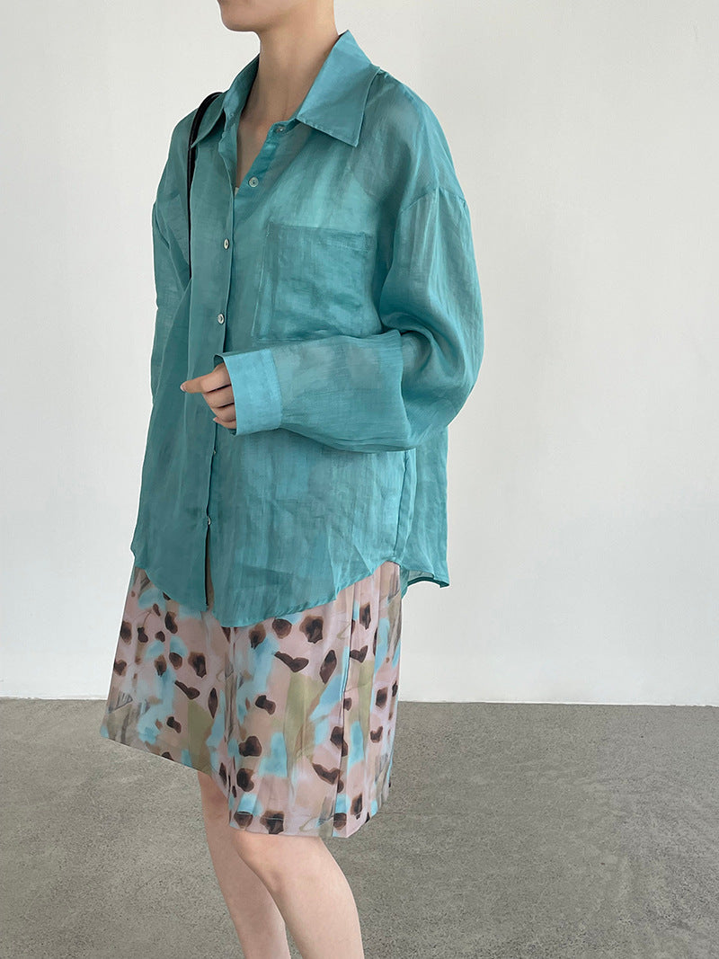 翻領長袖苧麻襯衫+輕熟風豹紋半身裙-兩件式套裝-2色